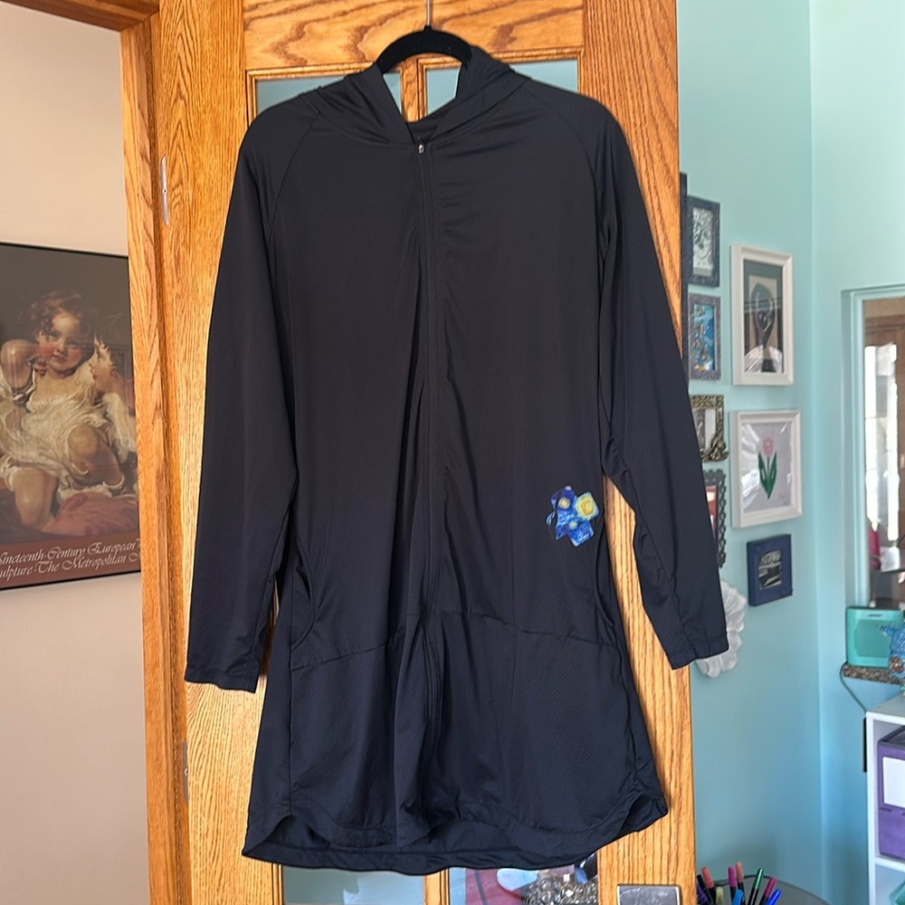 Black Hooded Long Sleeve SPF UFP 50 cover up dress robe Starry Night L
